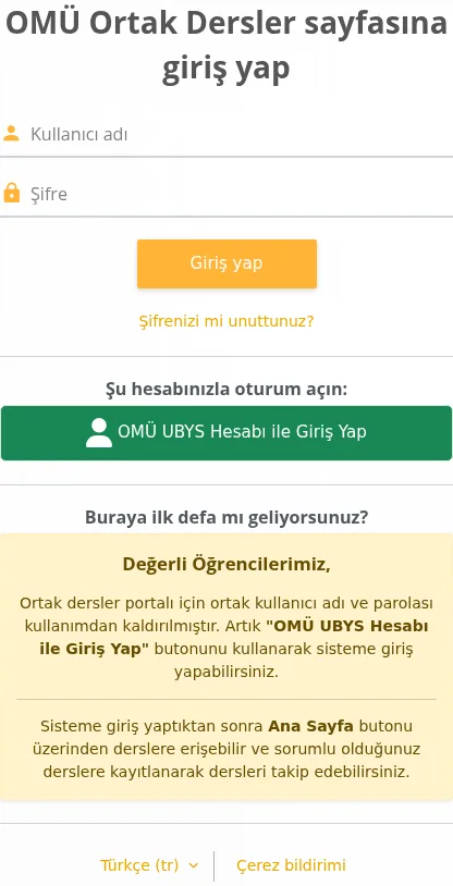 e-Ders giriş ekranında yeşil OMÜ UBYS Hesabı ile Giriş Yap düğmesi.