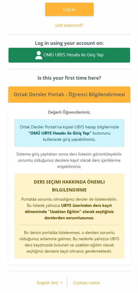 OMÜ Ortak Dersler Portalı'nın giriş ekranını ve öğrencilere yönelik bilgilendirme duyurusunu gösteren web sayfası arayüzü.