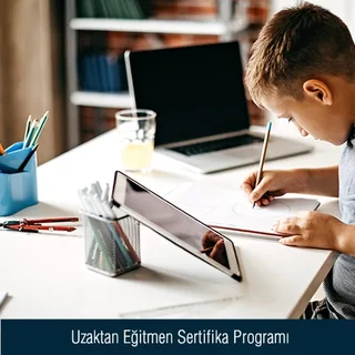 A child studying at a desk with a tablet and a laptop; the band beneath the picture reads "distance instructor certificate programme".