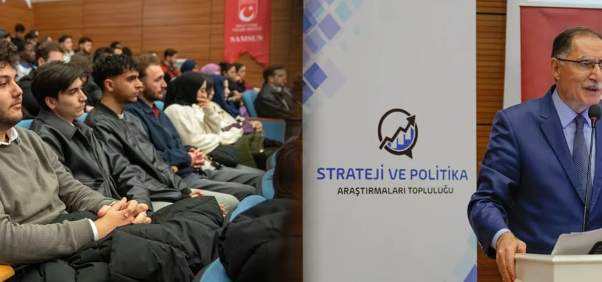 An audience seated in a hall and a speaker at the lectern beside a banner reading "strategy and policy research society".