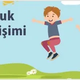 Two children happily jumping against a blue sky and green grass background with the text Çocuk Gelişimi on the left.