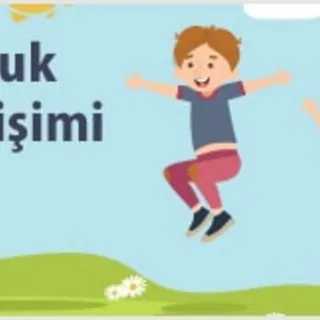 Two children happily jumping against a blue sky and green grass background with the text Çocuk Gelişimi on the left.
