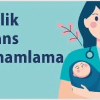 An illustration of a midwife holding a baby with the text Ebelik Lisans Tamamlama on a blue background.