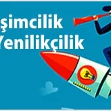 Entrepreneurship and Innovation text on a blue background alongside a person with a telescope standing on a rocket.
