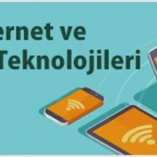 Internet ve Ag Teknolojileri text in dark green on a turquoise background with digital devices.