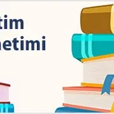 An illustration featuring the Turkish text 'Eğitim Yönetimi' next to colorful stacks of books with bookmarks.