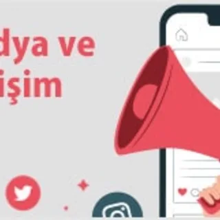 A smartphone, a megaphone, and social media icons appear alongside the heading Medya ve iletişim.