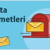 A blue background displays the text Posta Hizmetleri alongside a red mailbox receiving yellow envelopes.