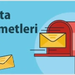 A blue background displays the text Posta Hizmetleri alongside a red mailbox receiving yellow envelopes.