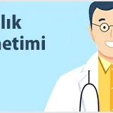 An illustration of a doctor wearing a stethoscope next to the Turkish text 'Sağlık Yönetimi'.