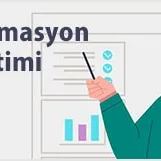 Illustration of a male teacher pointing at a board with charts and lists next to the text Formasyon Eğitimi.