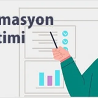 Illustration of a male teacher pointing at a board with charts and lists next to the text Formasyon Eğitimi.