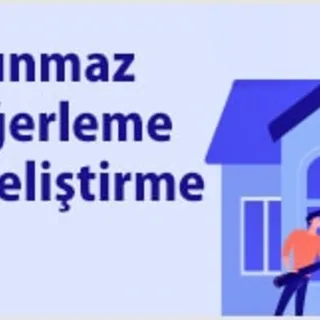 An illustration featuring Turkish text reading Taşınmaz Değerleme & Geliştirme beside a figure using a magnifying glass to inspect a blue house.