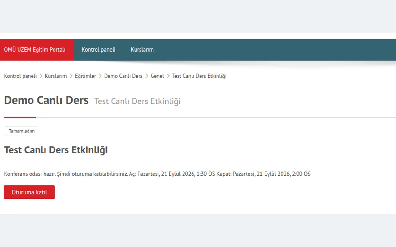 A screenshot of the OMÜ UZEM Education Portal showing that the conference room for the Test Live Class Event is ready, including the Join session button.