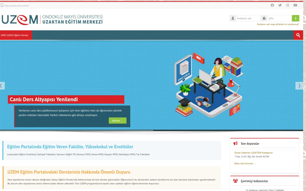 Webpage screenshot of the Ondokuz Mayıs University Distance Education Center homepage, displaying the login area and a banner announcing the renewed live course infrastructure.