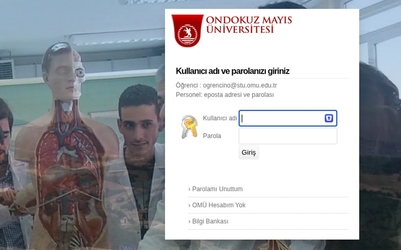 The Ondokuz Mayıs University single sign-on login screen is displayed over a background showing students examining an anatomical model in a laboratory.
