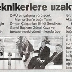 Newspaper clipping headlined "Distance education for technicians at OMÜ" featuring a photograph of union representatives visiting the Rector.
