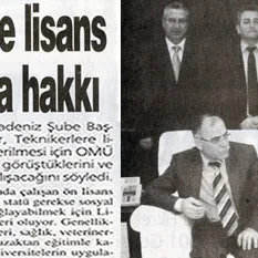 Newspaper clipping featuring the headline about undergraduate completion rights for technicians alongside a photo of officials meeting.