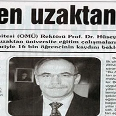 Newspaper article announcing distance education at Ondokuz Mayıs University, featuring a photo of Rector Prof. Dr. Hüseyin Akan.