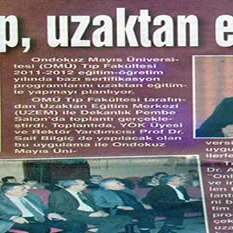 Newspaper clipping with the headline OMÜ Tıp, uzaktan eğitecek announcing Ondokuz Mayıs University Faculty of Medicine's distance education plans.
