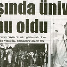 A newspaper clipping featuring the headline "She graduated from university at age 60" along with photographs of Vesile Bal at her graduation ceremony.